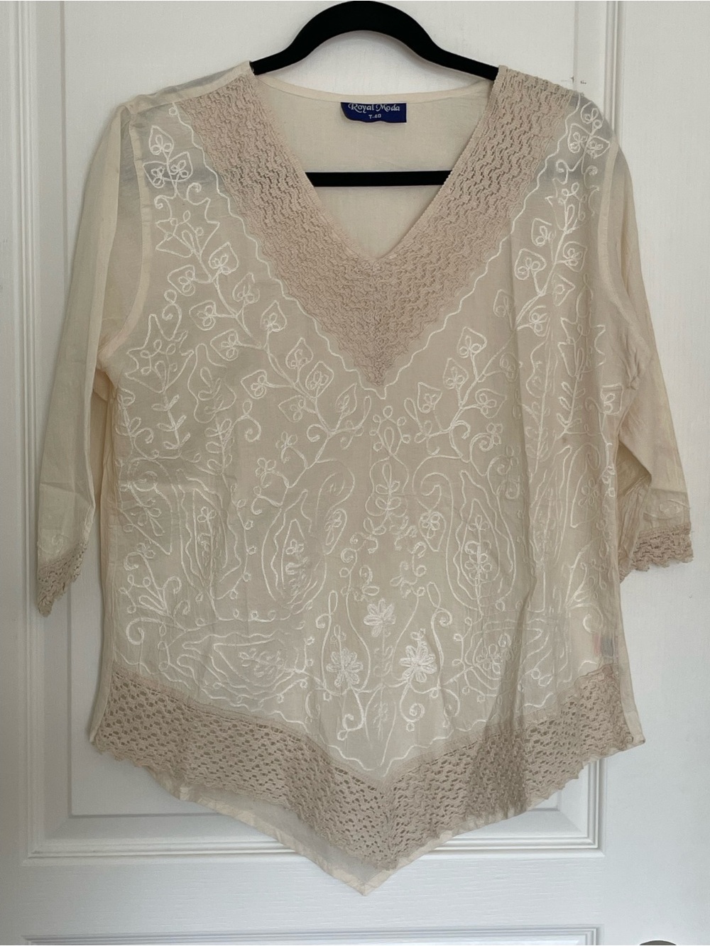 Light Cream Embroidered V-Neck Women's Blouse